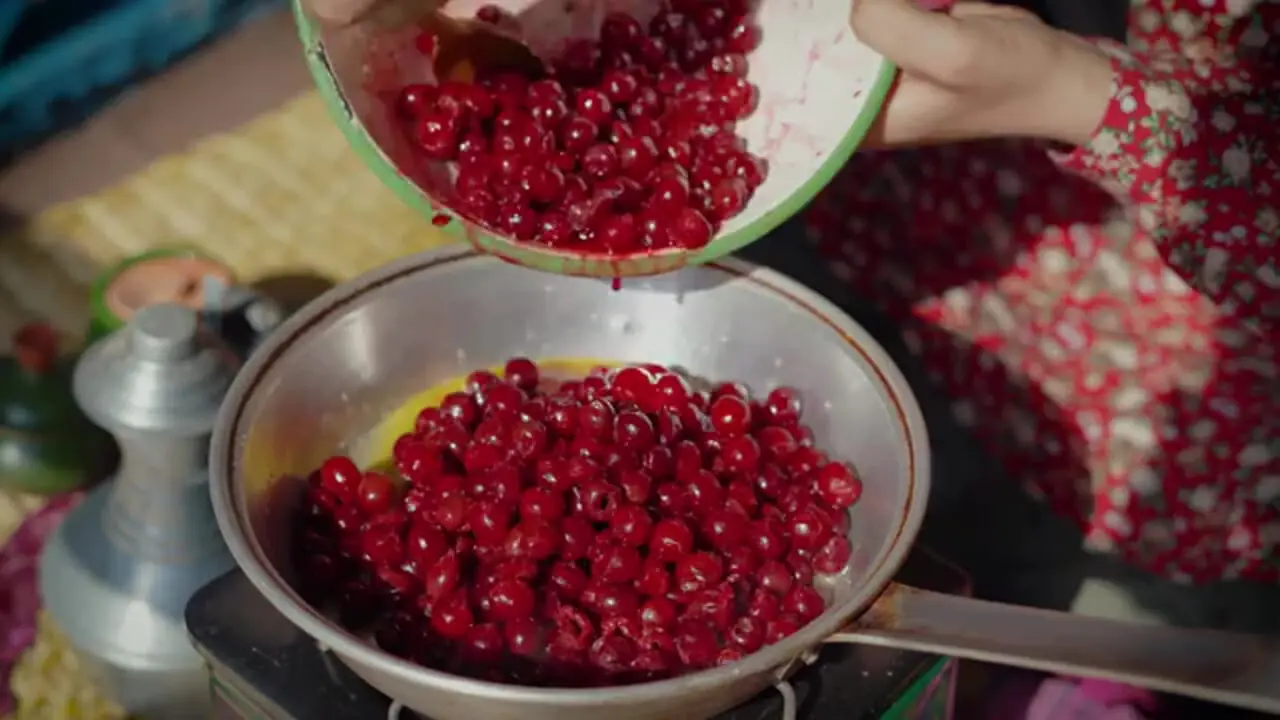 غذای روستایی در ایران؛ پخت آلبالو پلو سنتی در روستایی جنگلی