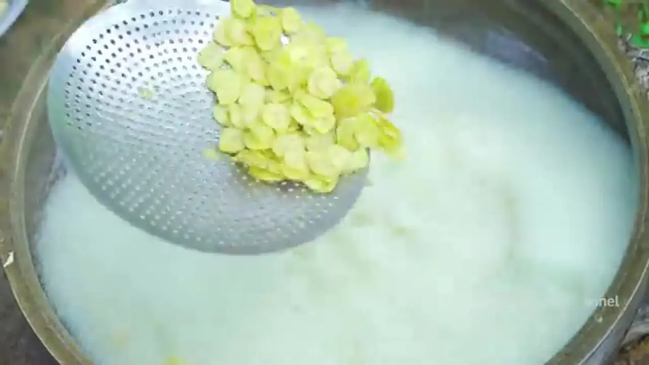 ببینید؛ غذای روستایی در هند؛ تهیه چیپس موز با روغن نارگیل در طبیعت