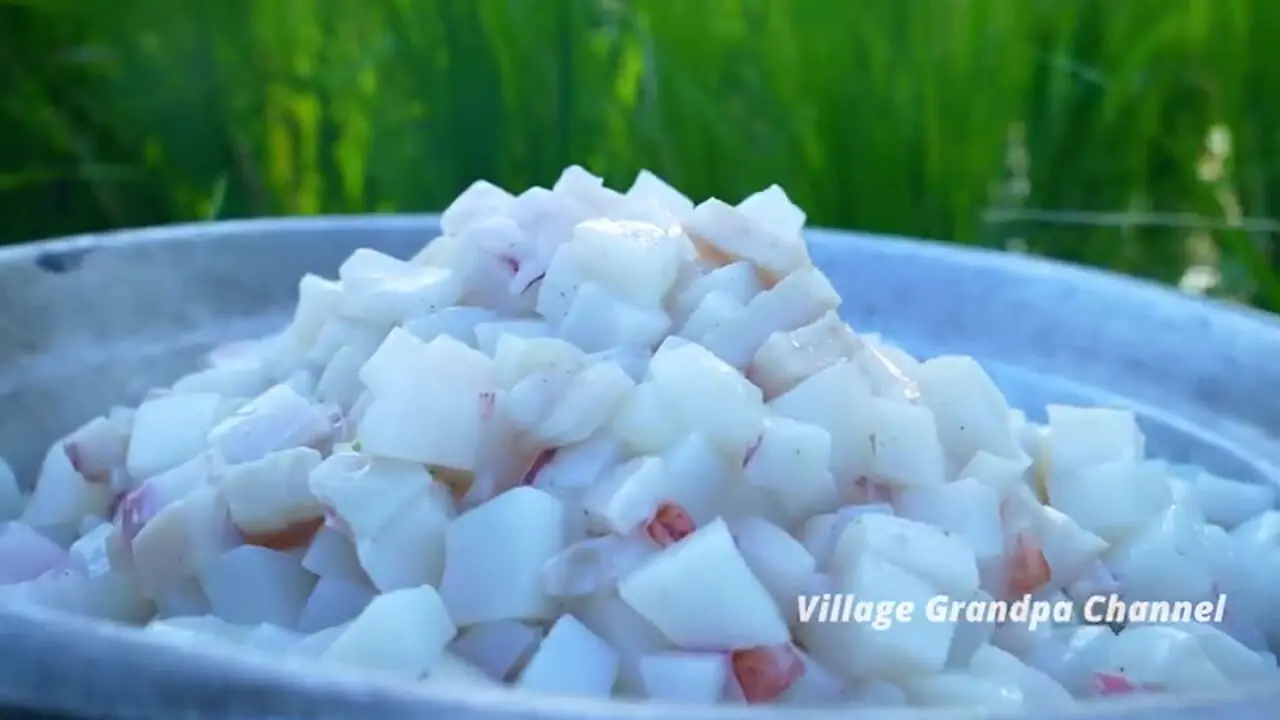 غذای روستایی در هند؛ برش و پخت غذا با ماهی مرکب در طبیعت روستا