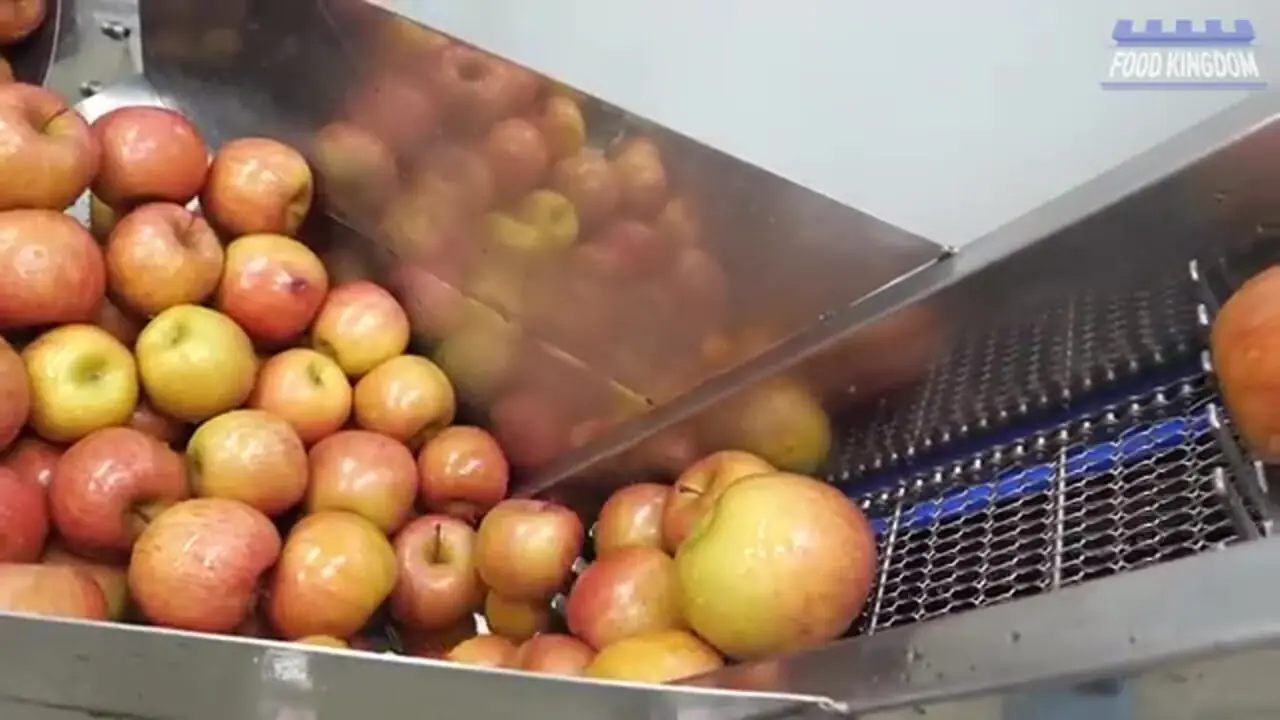 فرآیند تماشایی تولید انبوه آبمیوه سیب در یک کارخانه در کره جنوبی