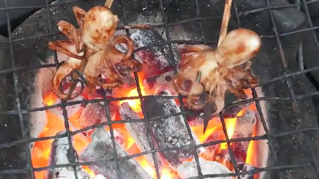 غذای خیابانی در کامبوج؛ کباب هشت پا و ماهی مرکب روی آتش در ساحل شهر سیهانوکویل