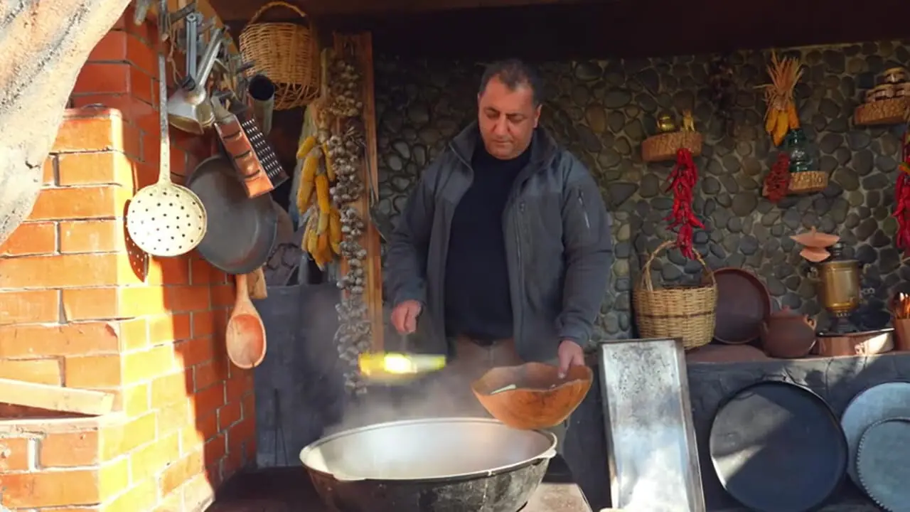 ببینید| غذای روستایی در آذربایجان؛ کباب کردن بوقلمون شکم پر در کوهستان