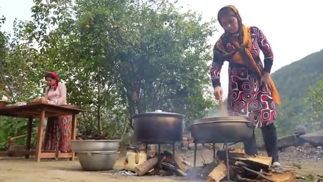 ببینید| غذای روستایی در ایران؛ پخت پلوی مخلوط با گردو و گوشت چرخ کرده در طبیعت
