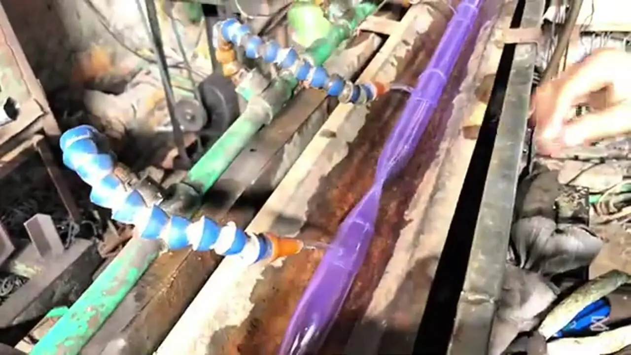 فرآیند تولید انبوه شلنگ آب در کارگاهی در پاکستان