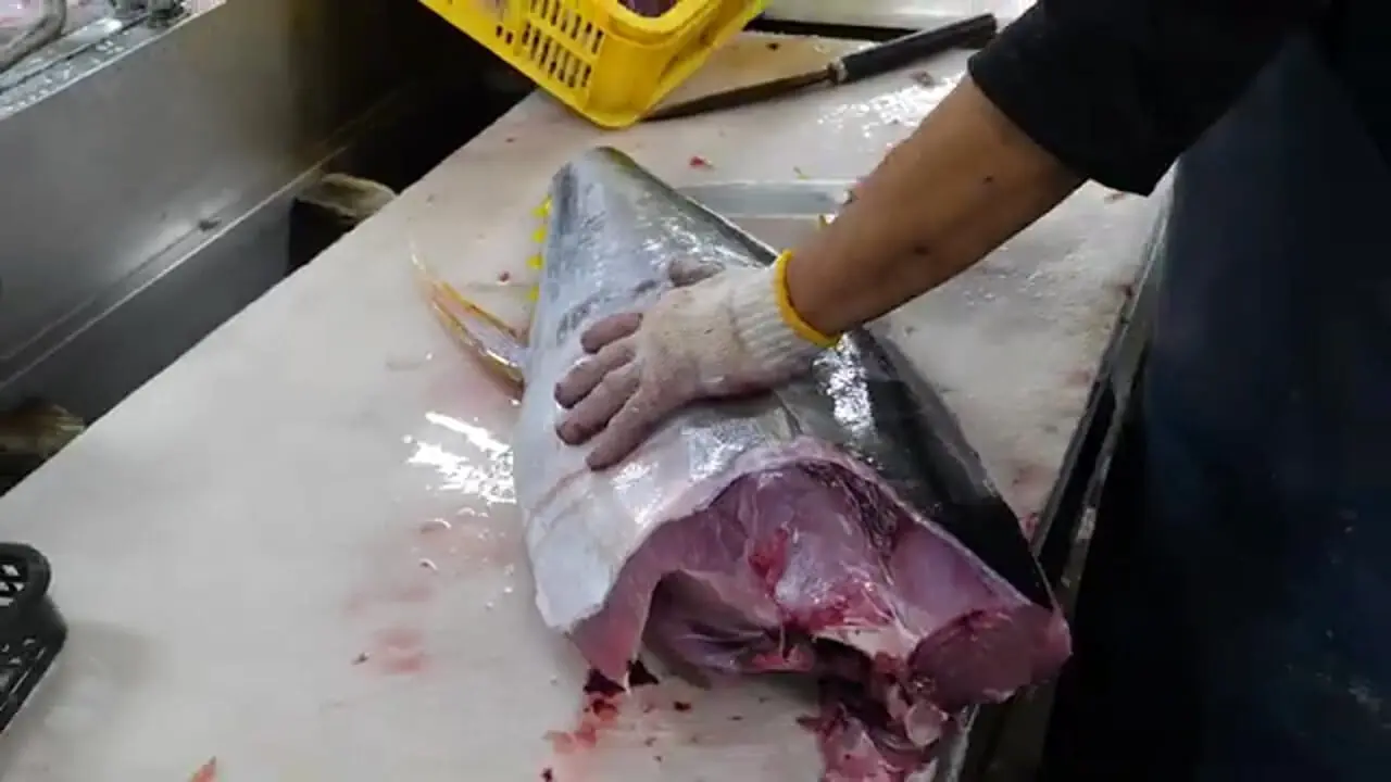 غذای خیابانی در ژاپن، برش ماهرانه ماهی تن و تهیه ساشیمی با آن در اوکیناوا