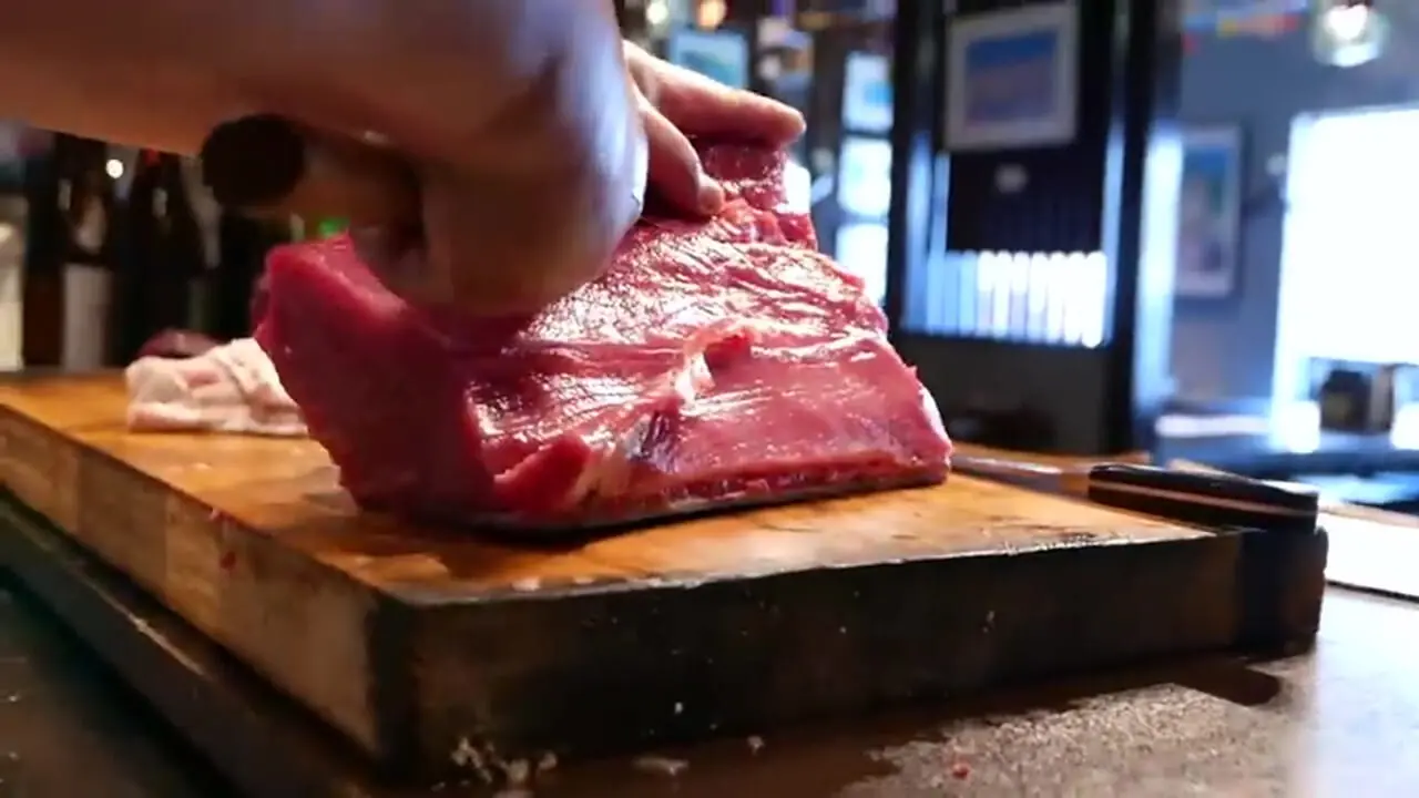 غذای خیابانی در ژاپن؛ مهارت سرآشپز در برش ماهی تن غول پیکر و تهیه ساشیمی با آن در توکیو